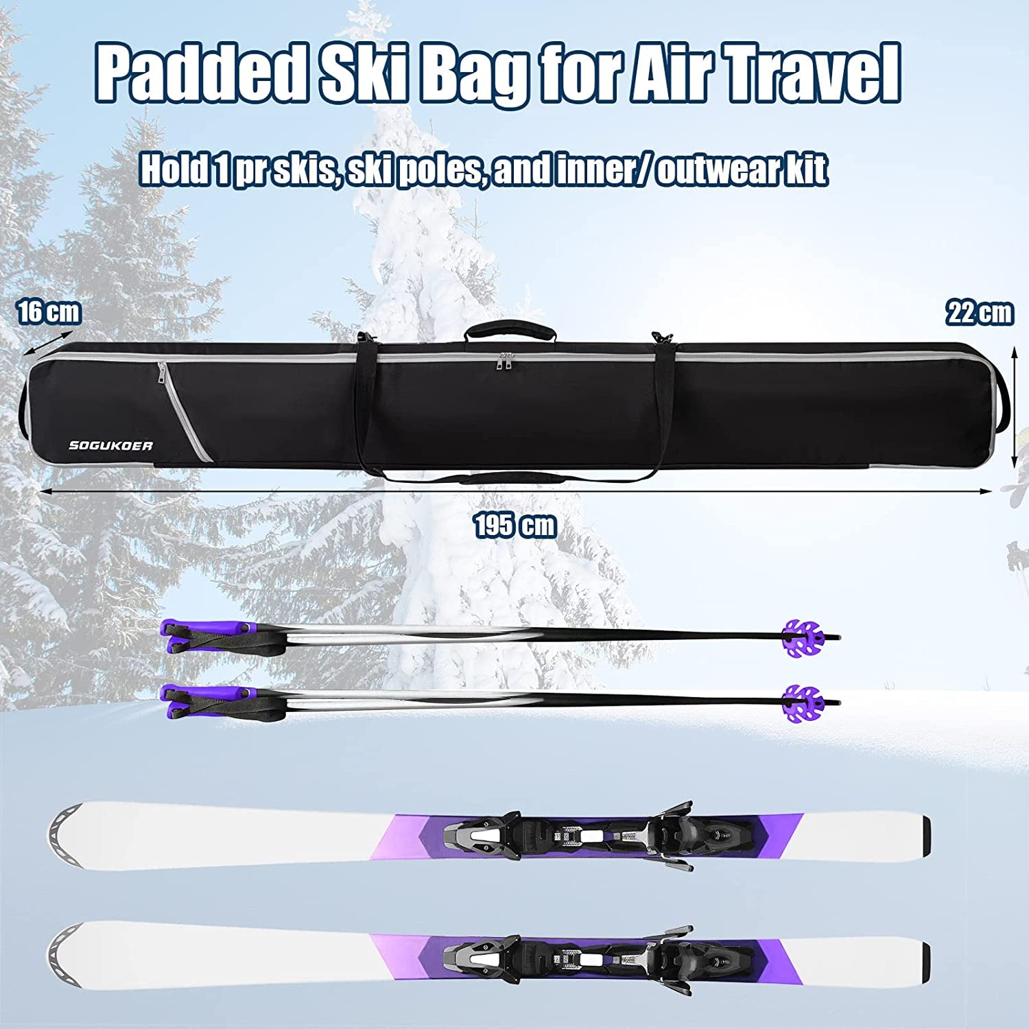 SOGUKOER Ski Bag Padded Transport Bag for Skis Detachable Shoulder Strap, Carrying Bag for Skis up to 185Cm/195Cm with Separated Pole Pockets, Ski Straps