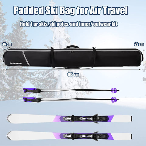 SOGUKOER Ski Bag Padded Transport Bag for Skis Detachable Shoulder Strap, Carrying Bag for Skis up to 185Cm/195Cm with Separated Pole Pockets, Ski Straps