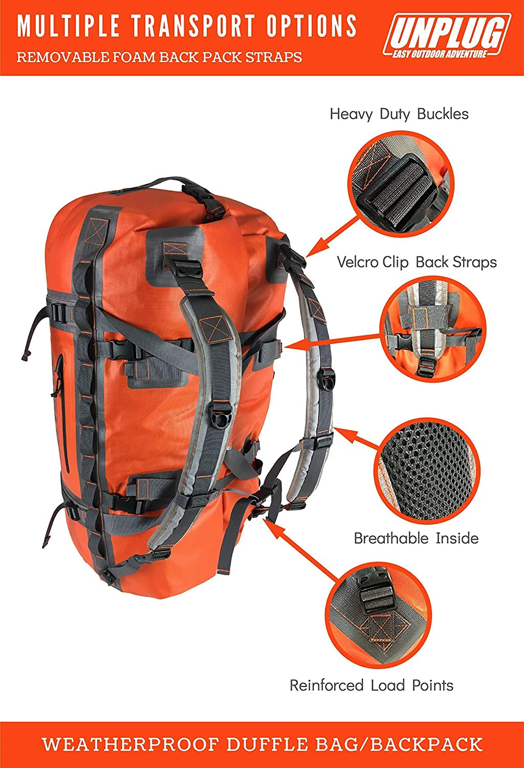 Unplug Ultimate Adventure Bag -1680D Heavy Duty Waterproof Duffel Bag for Boating, Motorcycling, Hunting, Camping, Kayaks or Jet Ski. Gets Gear through Any Conditions