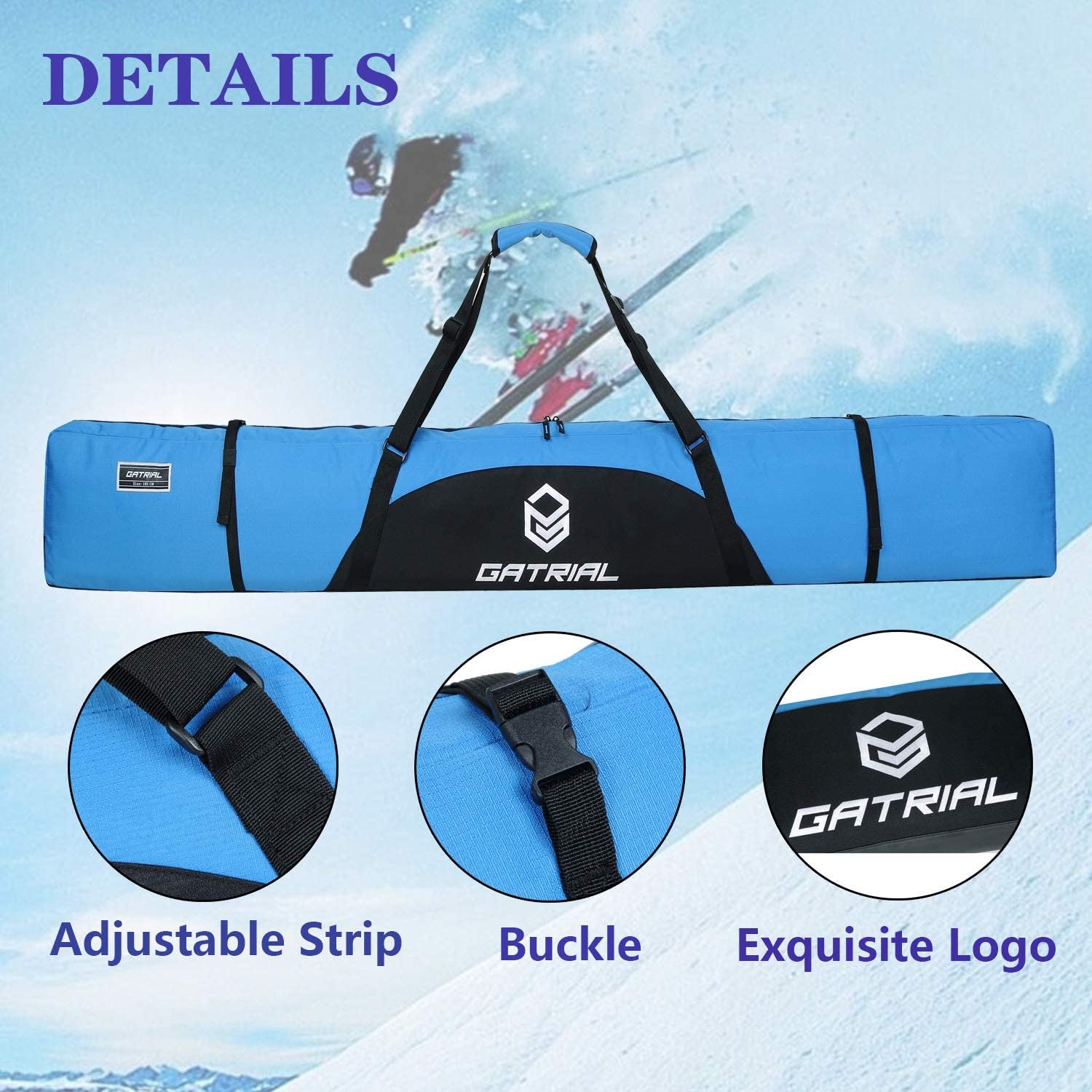 G GATRIAL Snow Padded Ski Bags for Air Travel - Single Ski Carry Bags for Cross Country, Downhill, Ski Clothes, Snow Gear, Poles and Accessories for Ski Carrier Travel Luggage Case