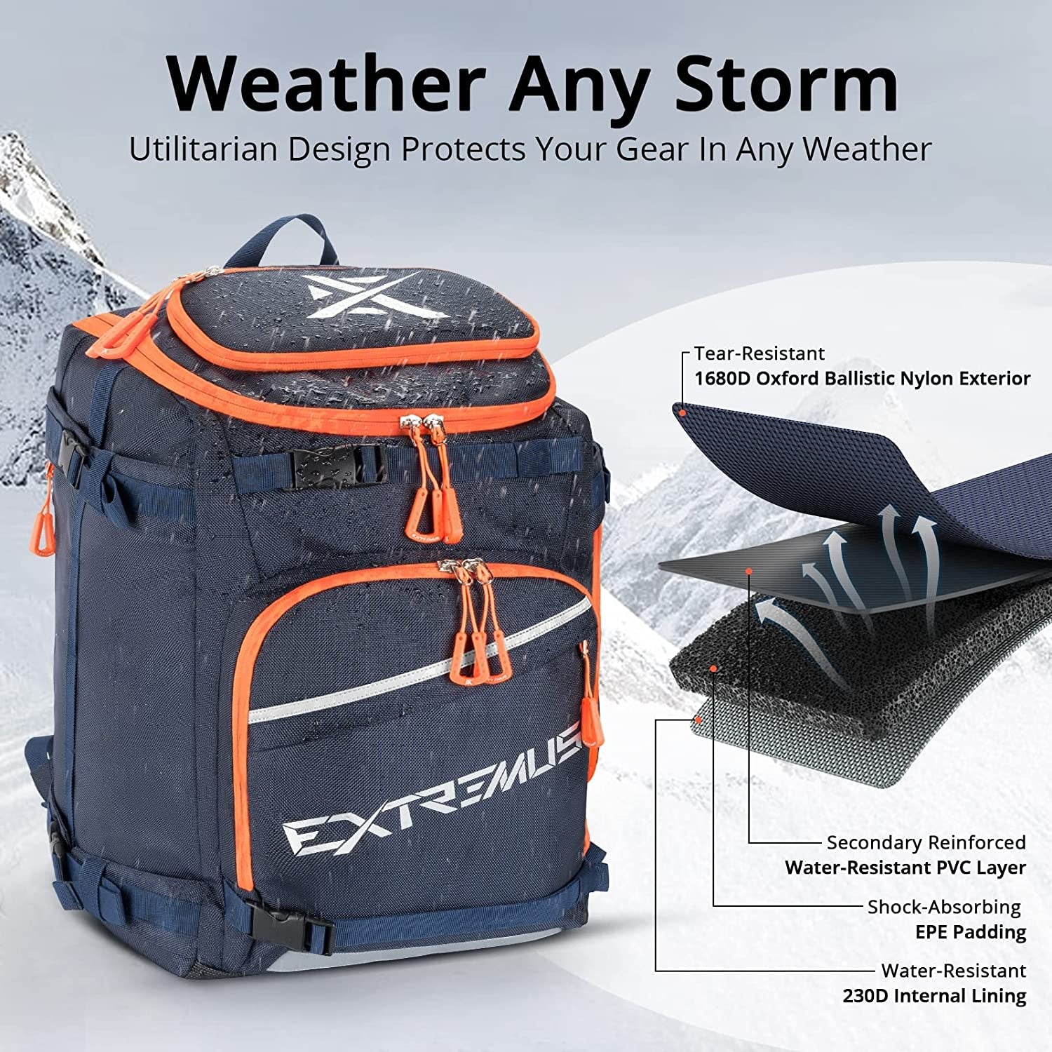 Extremus Ski Boot Bag, 70L Waterproof Snowboard Backpack,Large Capacity Ski Travel Bag Luggage for Ski Boots, Ski Helmet, Goggles, Gloves, Apparel & Skiing Gear Accessories